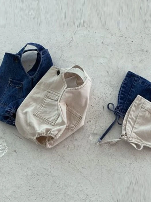 Pocket Denim Romper Bonnet