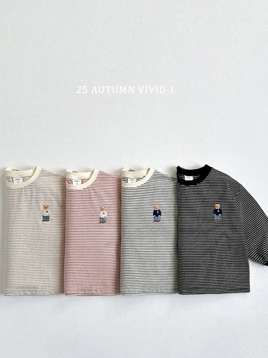 Bear Embroidery Striped Tee