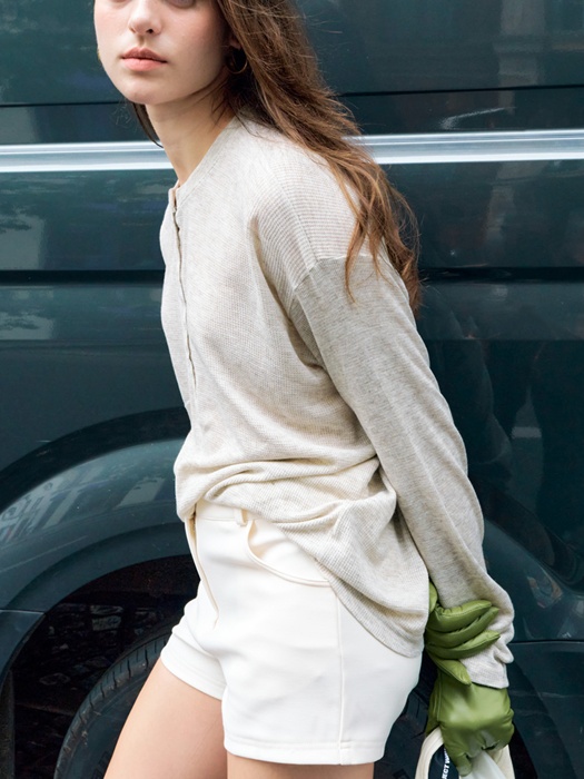 Waffle Henry-neck Cotton Hoodie Top