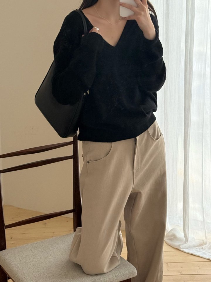 Amygrace - Korean Women Fashion - #womensfashion - Deep V-neck Knit Pullover - 4