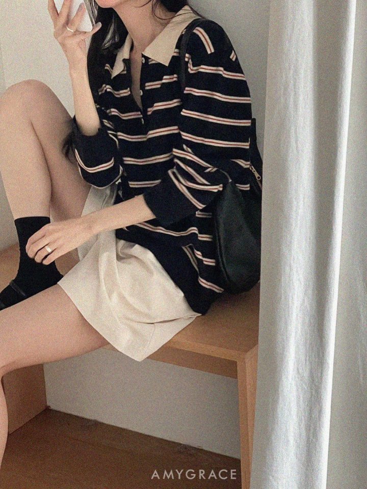 Amygrace - Korean Women Fashion - #momslook - Royal Collar Stripe Knit Top