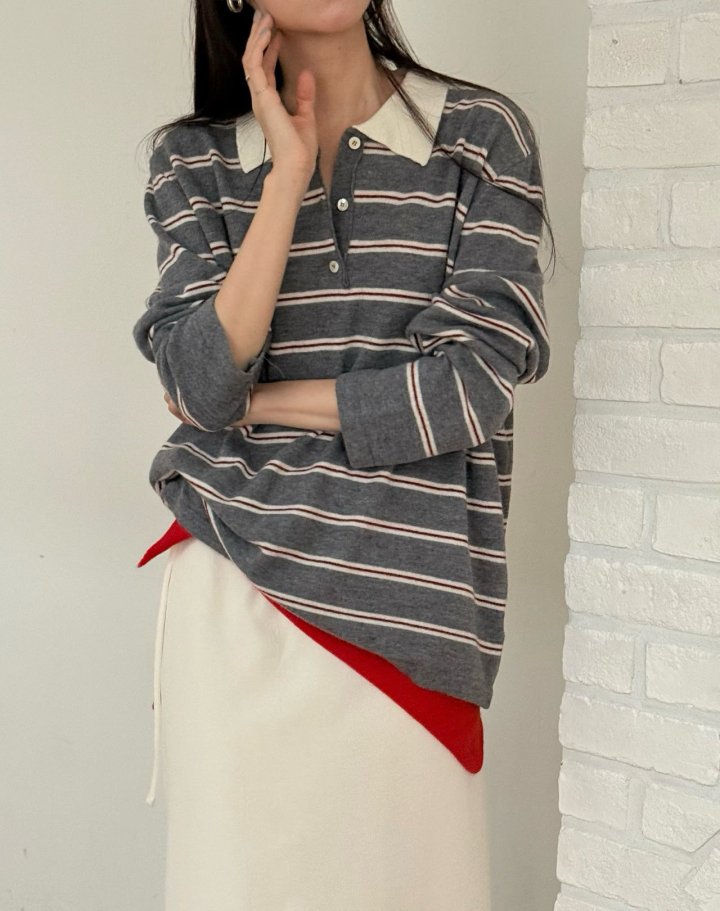 Amygrace - Korean Women Fashion - #momslook - Royal Collar Stripe Knit Top - 11