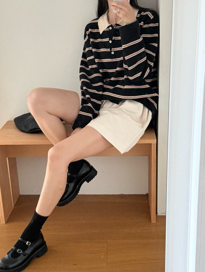 Amygrace - Korean Women Fashion - #momslook - Royal Collar Stripe Knit Top - 5
