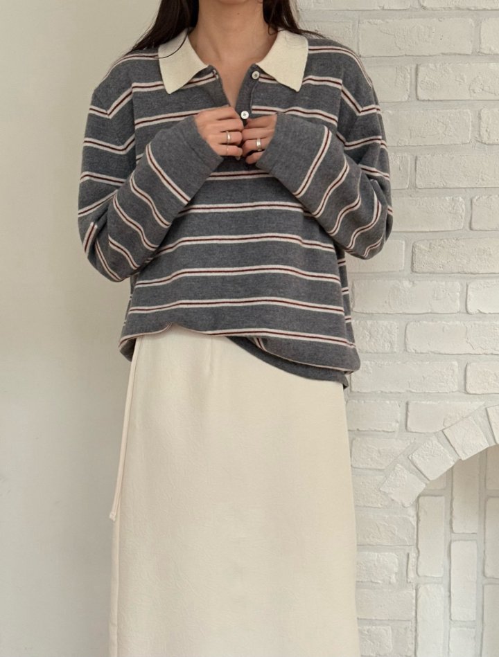 Amygrace - Korean Women Fashion - #momslook - Royal Collar Stripe Knit Top - 7