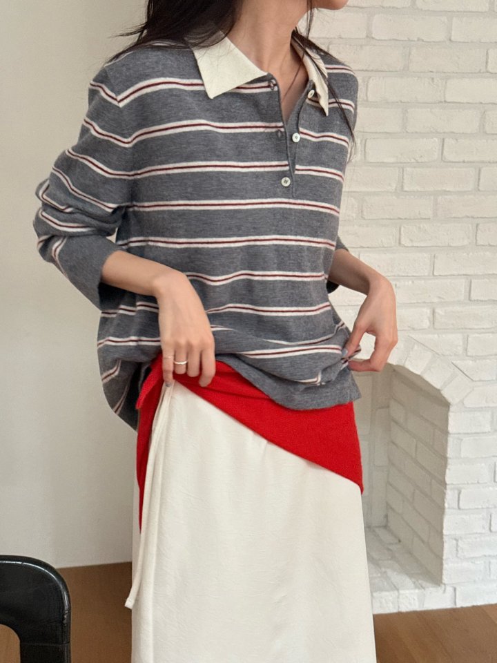 Amygrace - Korean Women Fashion - #momslook - Royal Collar Stripe Knit Top - 9