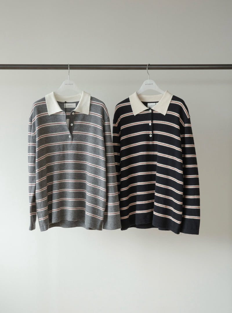 Amygrace - Korean Women Fashion - #womensfashion - Royal Collar Stripe Knit Top - 12
