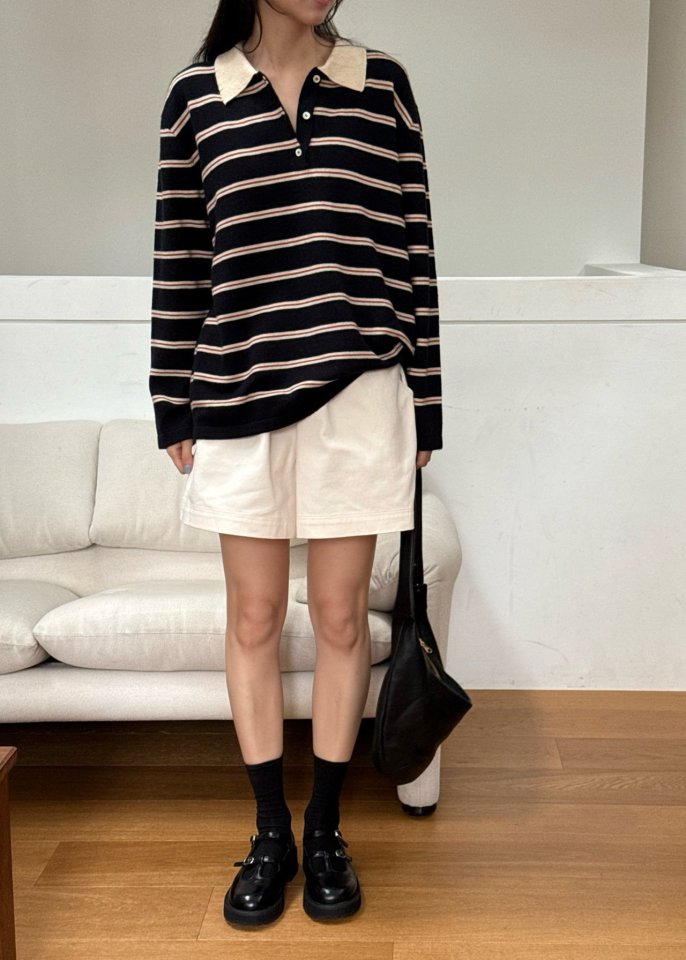 Amygrace - Korean Women Fashion - #momslook - Royal Collar Stripe Knit Top - 4