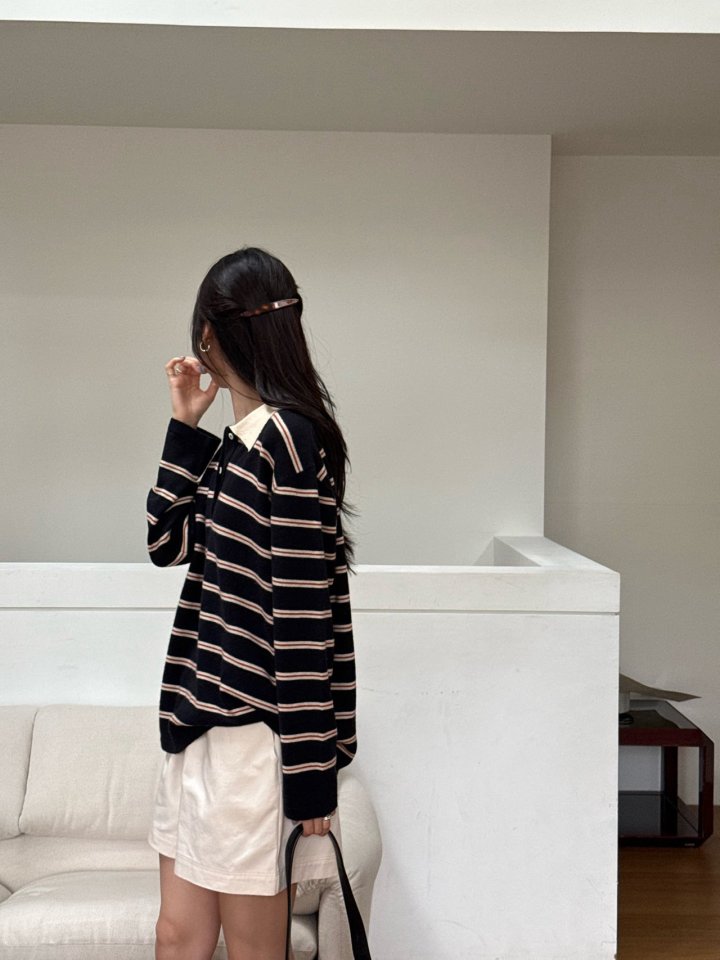 Amygrace - Korean Women Fashion - #womensfashion - Royal Collar Stripe Knit Top - 6
