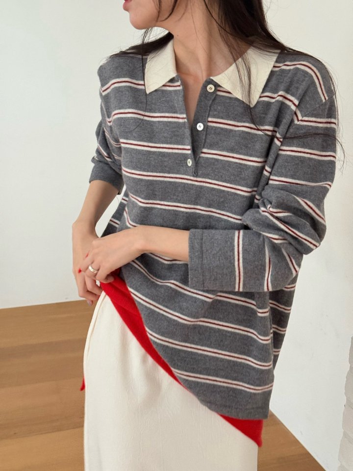 Amygrace - Korean Women Fashion - #womensfashion - Royal Collar Stripe Knit Top - 8