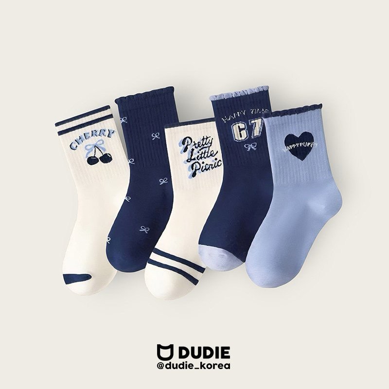 Dudie - Korean Children Fashion - #toddlerclothing - Blue Cherry Set (set of 5)
