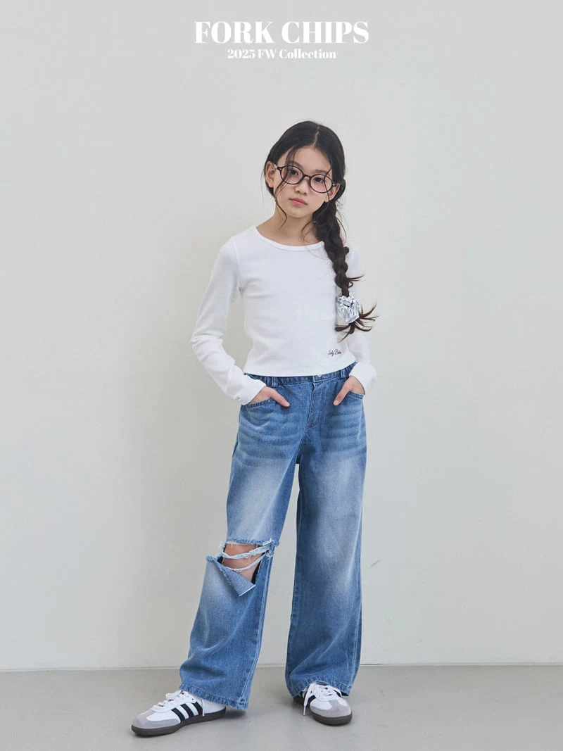 Fork Chips - Korean Children Fashion - #littlefashionista - Open Destroyed Denim Pants
