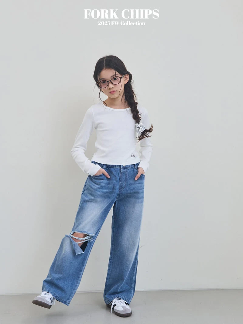 Fork Chips - Korean Children Fashion - #magicofchildhood - Open Destroyed Denim Pants - 2