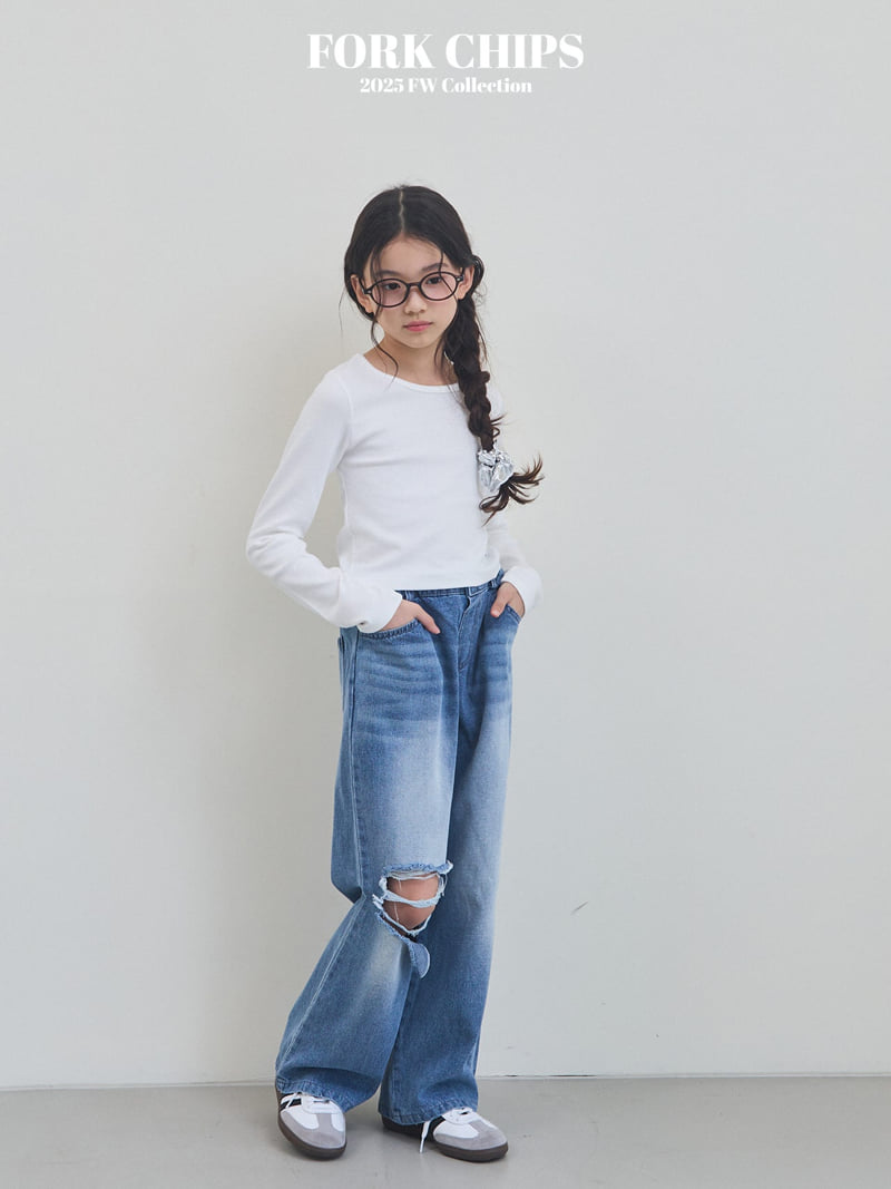 Fork Chips - Korean Children Fashion - #minifashionista - Open Destroyed Denim Pants - 4