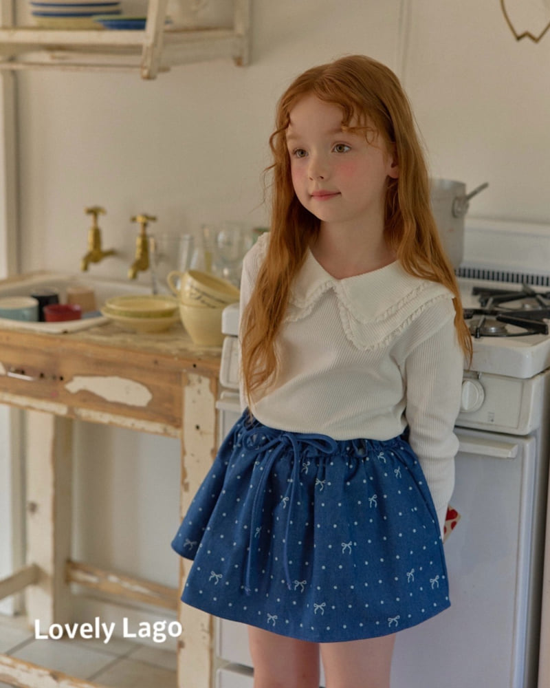 Lago - Korean Children Fashion - #fashionkids - Ribbon Dot Denim Skirt - 8