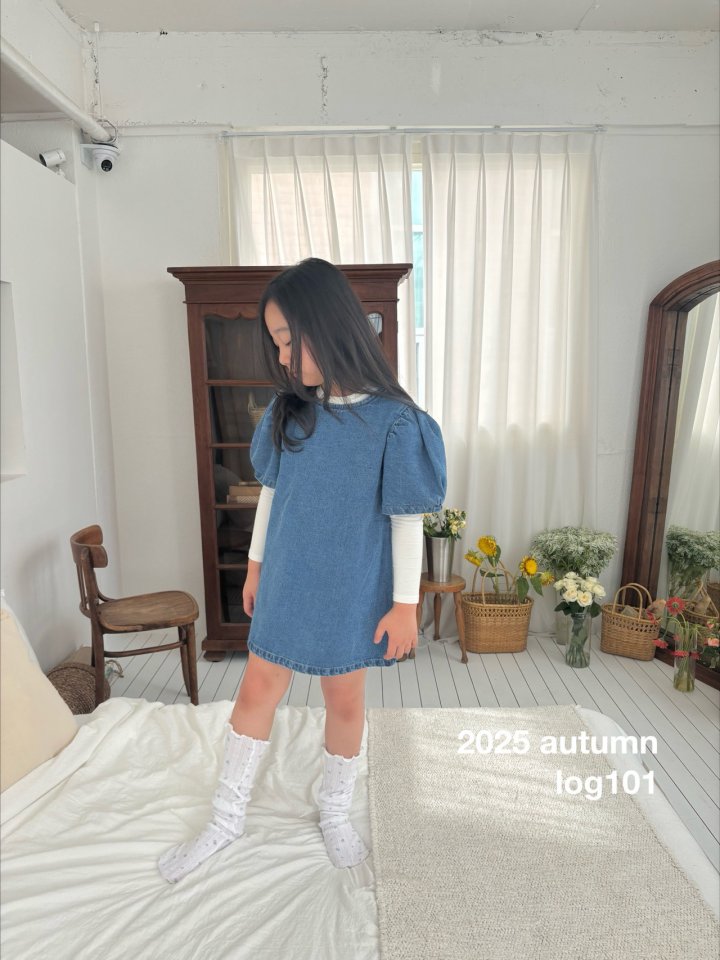 Log101 - Korean Children Fashion - #Kfashion4kids - Denim Shirring One-piece