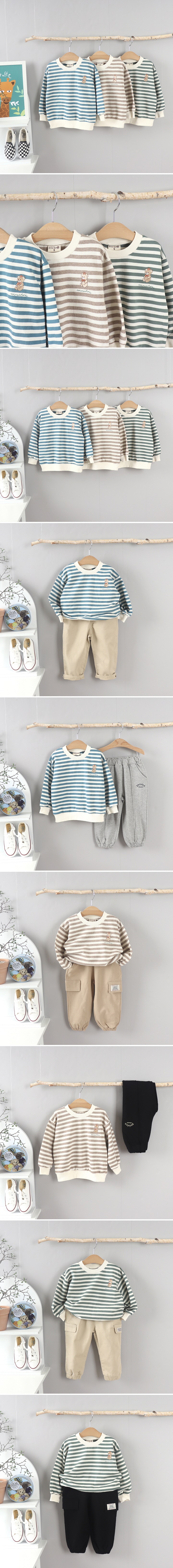 Olive denim - Korean Children Fashion - #kidsshorts - Bear Embroidered Stripe Tee