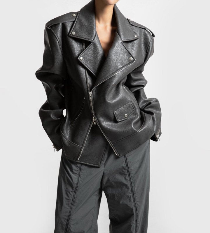 Paper Moon - Korean Women Fashion - #momslook - Oversized Chunky Zipped Vegan Biker Jacket - 4