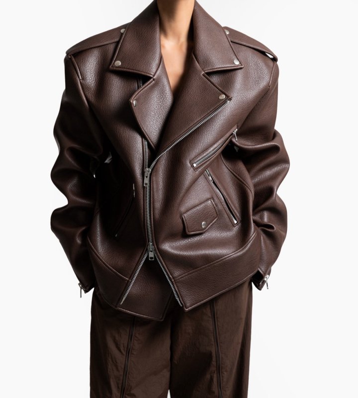 Paper Moon - Korean Women Fashion - #vintagekidsstyle - Oversized Chunky Zipped Vegan Biker Jacket - 5