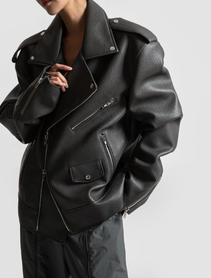 Paper Moon - Korean Women Fashion - #womensfashion - Oversized Chunky Zipped Vegan Biker Jacket - 6