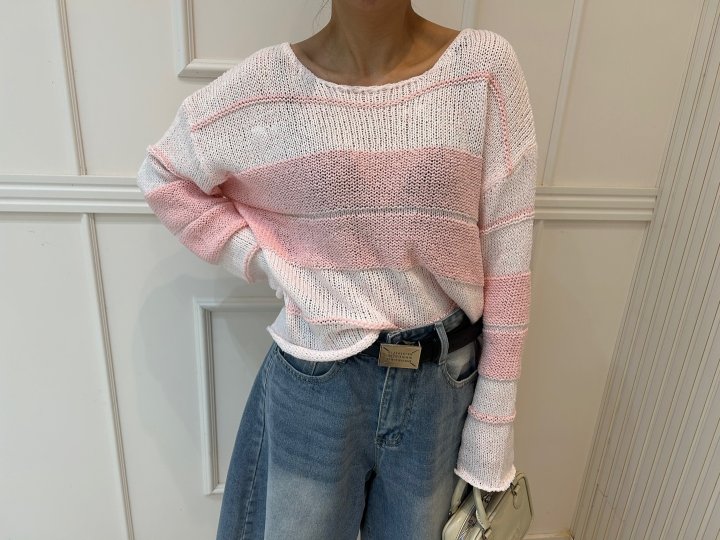 Pearls room - Korean Women Fashion - #momslook - Round Stripe Knit Pullover - 10