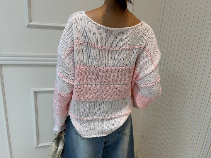 Pearls room - Korean Women Fashion - #momslook - Round Stripe Knit Pullover - 11