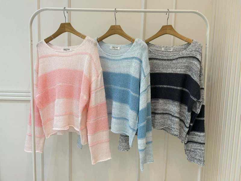 Pearls room - Korean Women Fashion - #momslook - Round Stripe Knit Pullover - 12