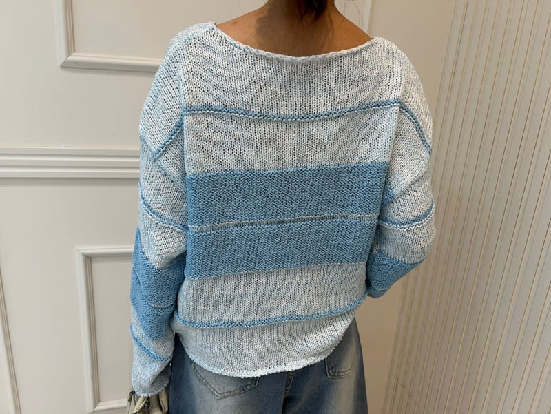 Pearls room - Korean Women Fashion - #momslook - Round Stripe Knit Pullover - 2