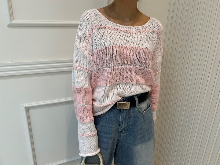 Pearls room - Korean Women Fashion - #momslook - Round Stripe Knit Pullover - 6