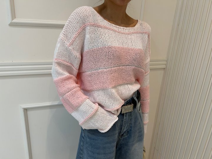 Pearls room - Korean Women Fashion - #momslook - Round Stripe Knit Pullover - 8