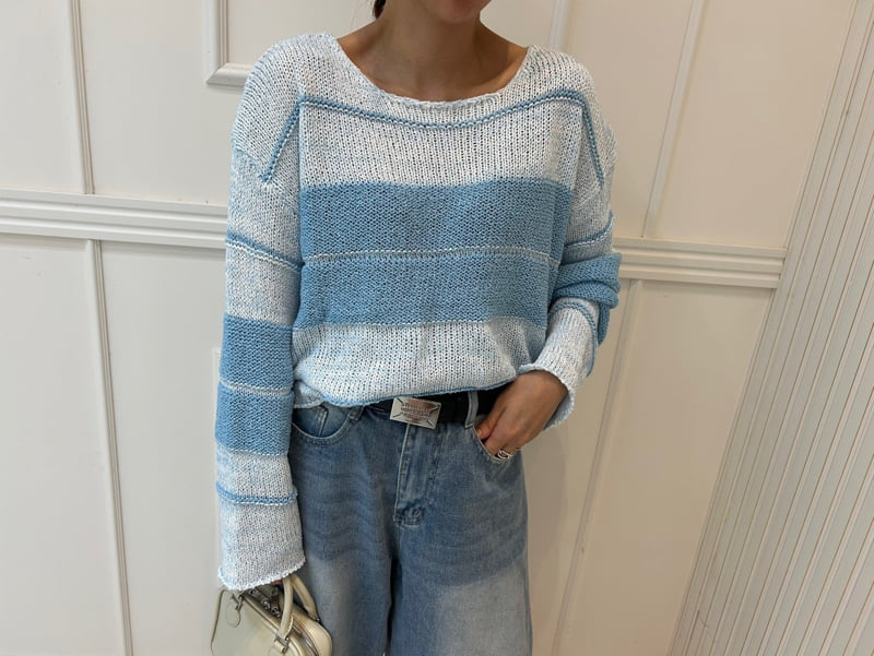 Pearls room - Korean Women Fashion - #womensfashion - Round Stripe Knit Pullover