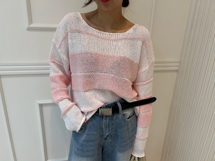 Pearls room - Korean Women Fashion - #womensfashion - Round Stripe Knit Pullover - 7