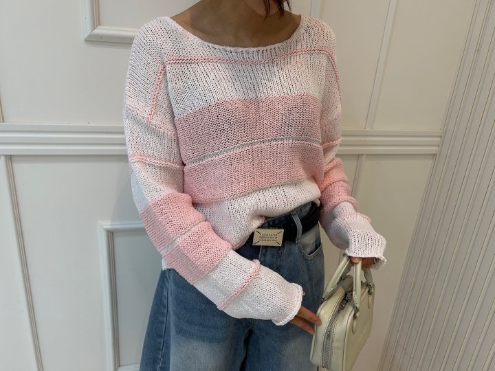 Pearls room - Korean Women Fashion - #womensfashion - Round Stripe Knit Pullover - 9