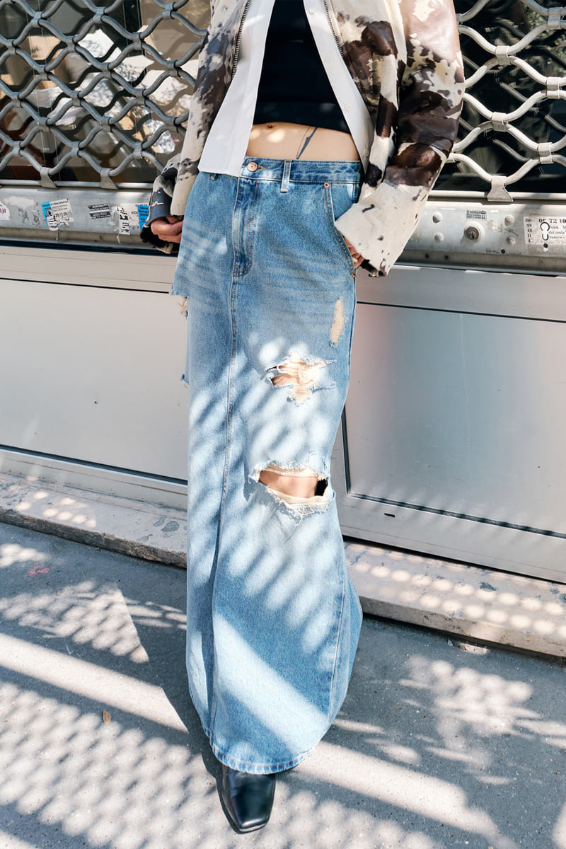 Project Wave - Korean Women Fashion - #momslook - Damange Maxi Denim Skirt - 3