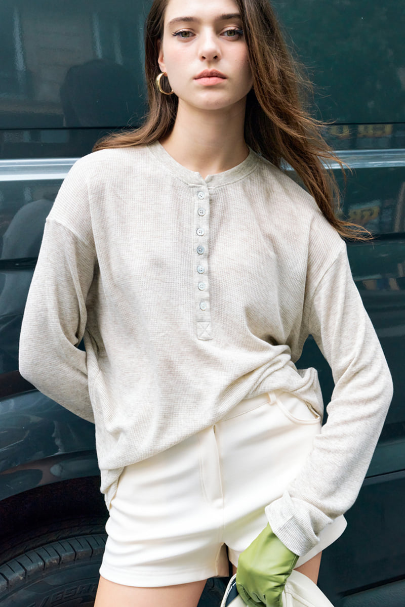 Project Wave - Korean Women Fashion - #womensfashion - Waffle Henry-neck Cotton Hoodie Top - 9