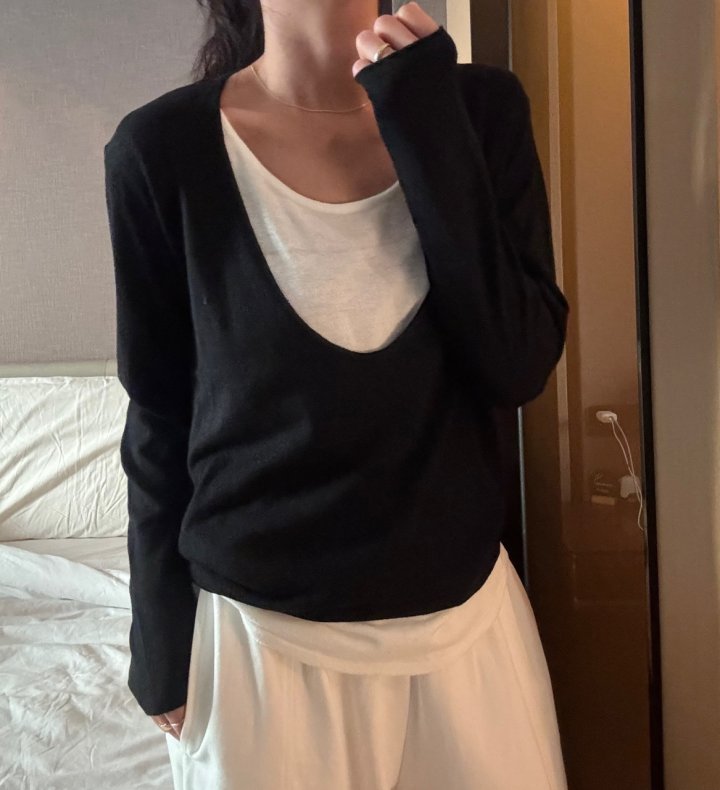 Ripple - Korean Women Fashion - #momslook - Double V Knit Top - 8