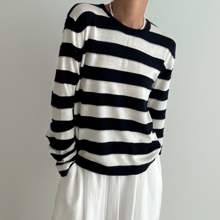 Ripple - Korean Women Fashion - #momslook - Coy Stripe Knit Pullover - 2