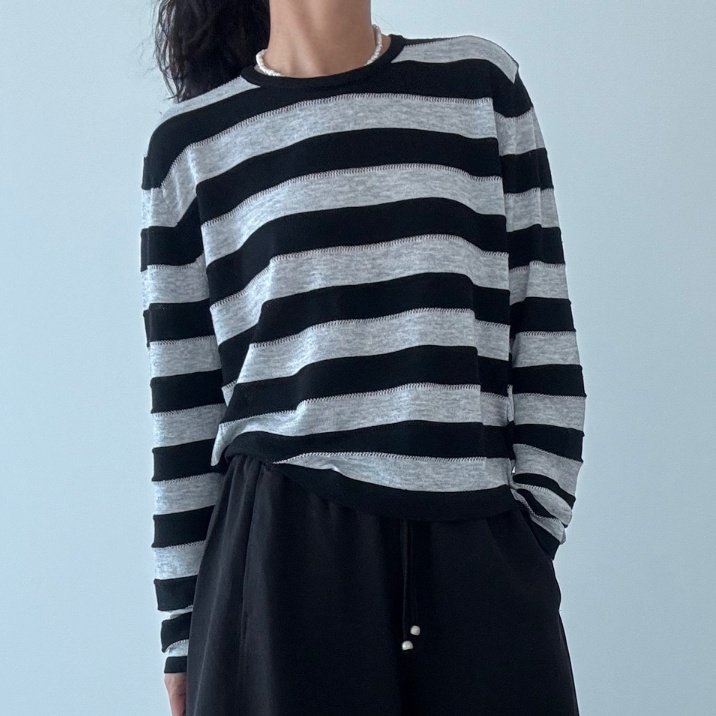 Ripple - Korean Women Fashion - #momslook - Coy Stripe Knit Pullover - 5