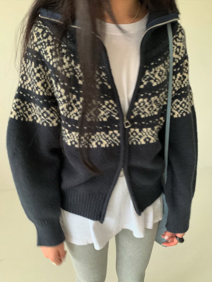 Via - Korean Women Fashion - #momslook - Snow Flower Zip-up Knit Cardigan