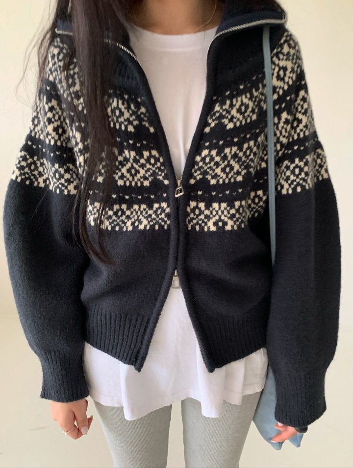 Via - Korean Women Fashion - #restrostyle - Snow Flower Zip-up Knit Cardigan - 8