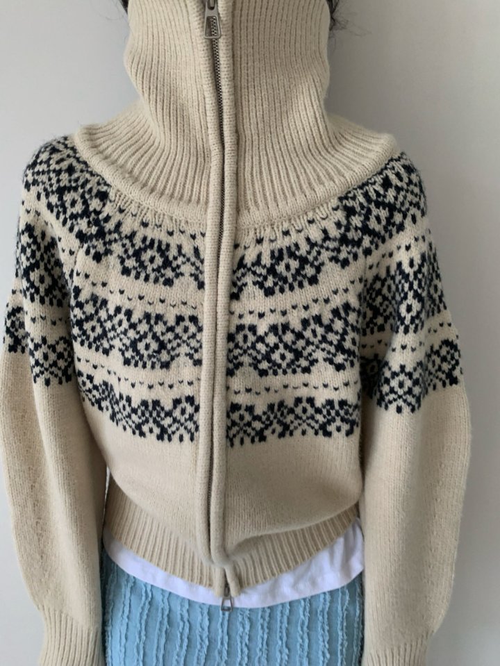 Via - Korean Women Fashion - #restrostyle - Snow Flower Zip-up Knit Cardigan - 7
