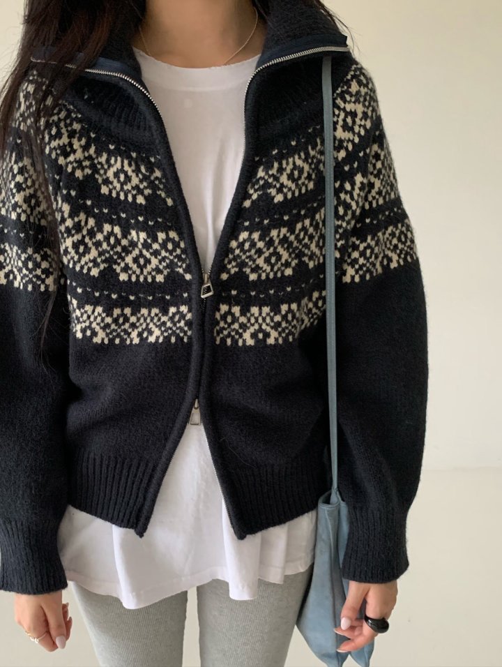 Via - Korean Women Fashion - #vintageinspired - Snow Flower Zip-up Knit Cardigan - 5