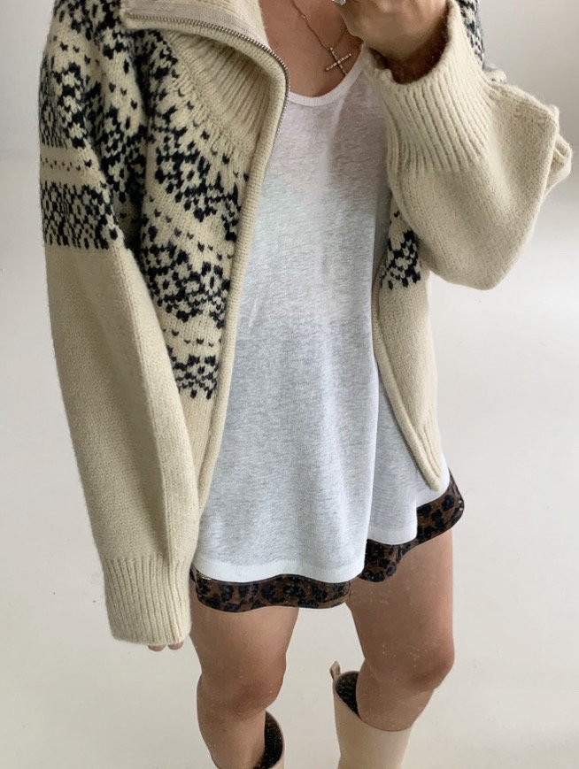 Via - Korean Women Fashion - #womensfashion - Snow Flower Zip-up Knit Cardigan