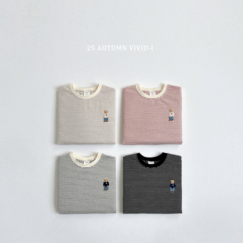 Vivid I - Korean Children Fashion - #childofig - Bear Embroidery Striped Tee - 3