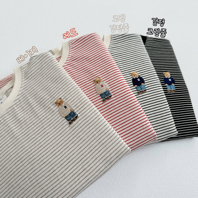 Vivid I - Korean Children Fashion - #childofig - Bear Embroidery Striped Tee - 4