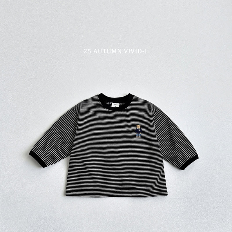 Vivid I - Korean Children Fashion - #kidsshorts - Bear Embroidery Striped Tee - 8