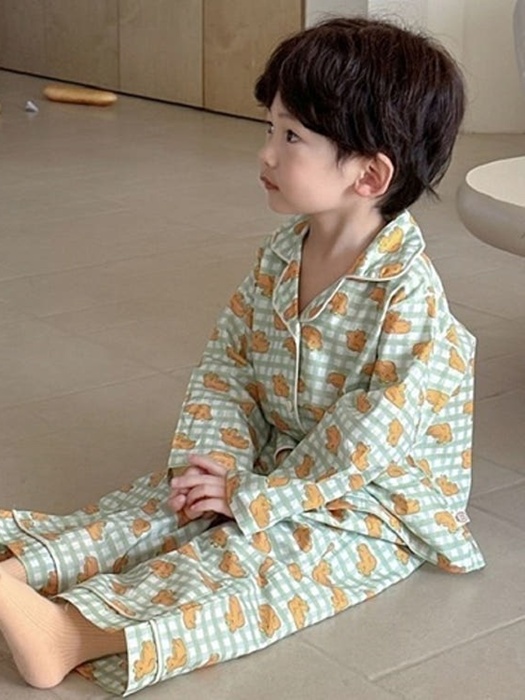 Long Sleeve Pajamas (Green Check Bear)