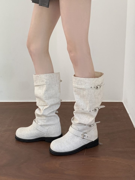 Linen Buckle Middle Half Boots