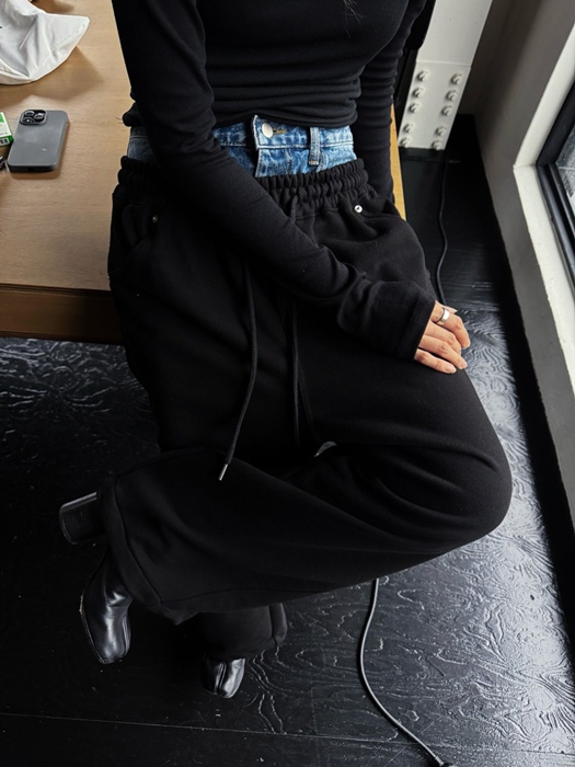 Denim Waist Layered Sweat Pants Denim Waist Layered Sweat Pants