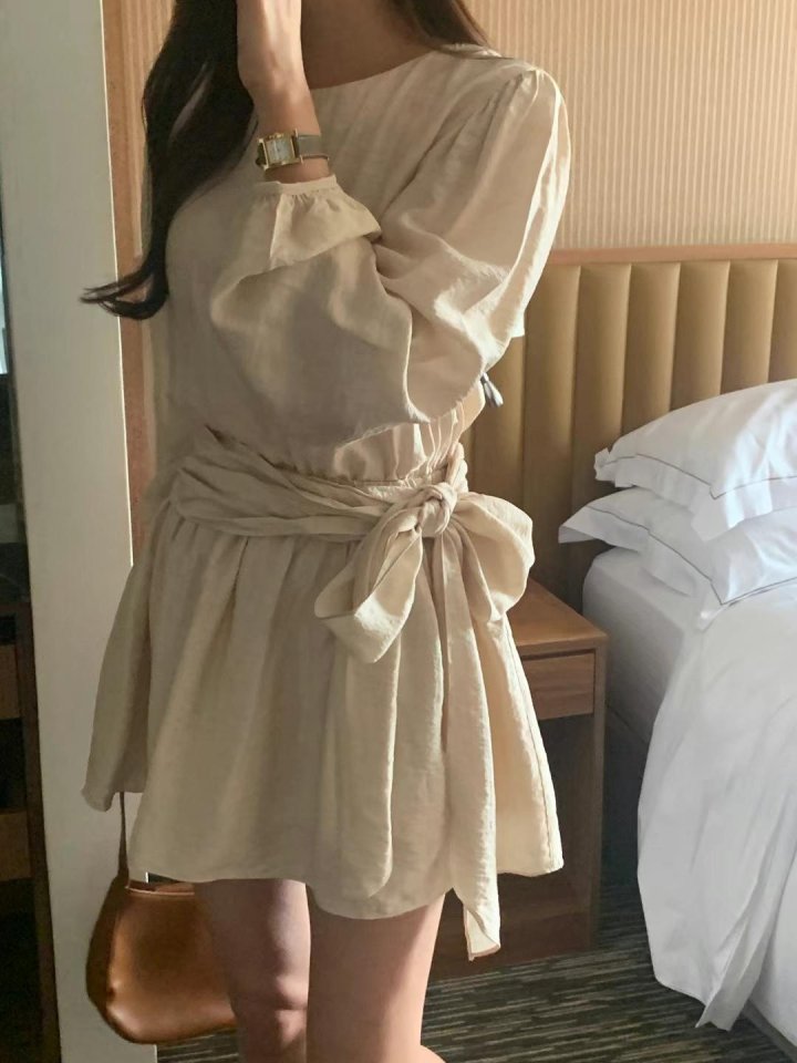 Afarrier - Korean Women Fashion - #restrostyle - Shirring Belt Tie Dress - 4