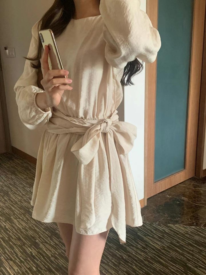 Afarrier - Korean Women Fashion - #shopsmall - Shirring Belt Tie Dress - 5